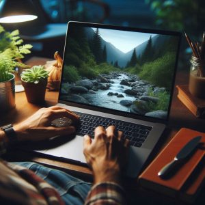 watching a nature video on laptop